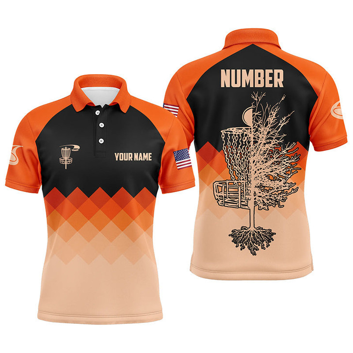 Custom Orange Geometric Pattern Mens Disc Golf Polo Shirt Customized Disc Golf Shirts For Men