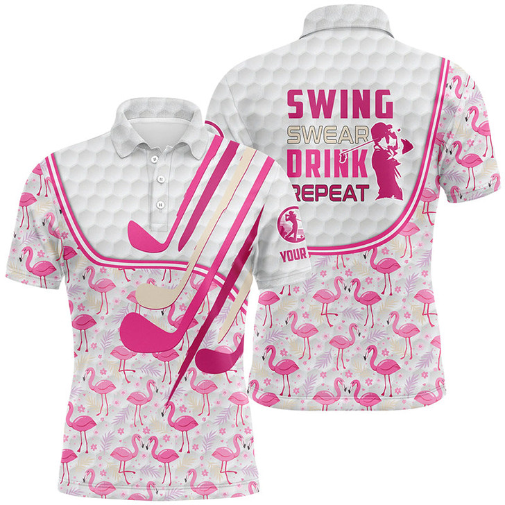 Personalized pink flamingo pattern golf clubs polo shirt for men custom swing, swear, drink, repeat