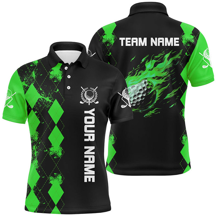 Custom Black Mens golf polo shirts custom green argyle pattern flame golf ball golf tops for mens