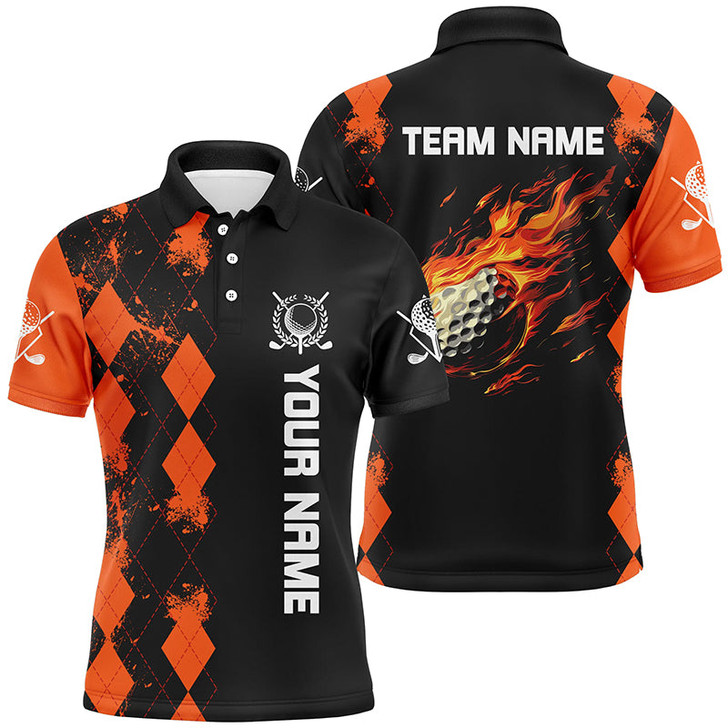Custom Black Mens golf polo shirts custom orange argyle pattern flame golf ball golf tops for mens