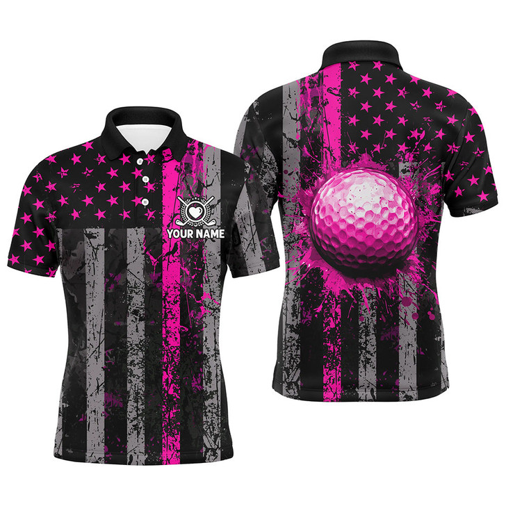 Custom Pink Grunge American Flag Mens Golf Polo Shirts Custom Patriotic Golf Shirts, Golf Gifts For Men