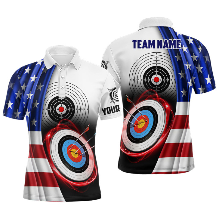 Custom American Flag Archery 3d Target Personalized Men Polo Shirts, Patriotic US Archery Jerseys For Team