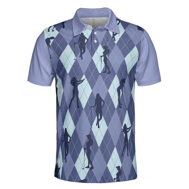 Vintage Blue Palatte Girl Golf Polo Shirt, Argyle Pattern Girl Golfer Silhouette Polo Shirt, Fun Golf Shirt - Perfect Gift For Men
