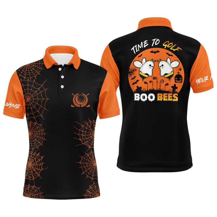 Custom Funny Black Orange Halloween Custom Name Golf Men Polo Shirt - Personalized Gift For Golf Lover, Team, Golfer - Time To Golf Boo Bees