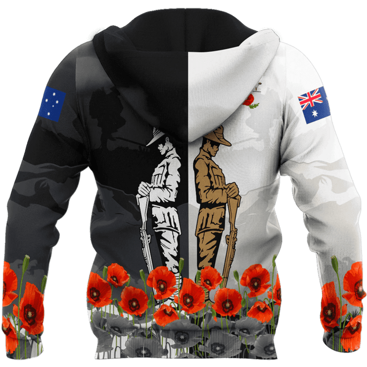 FUNSTUFFPRINT  Rememberance Anzac Day Poppy Flower Black White Premium Unisex 3D Hoodie and Zip Hoodie