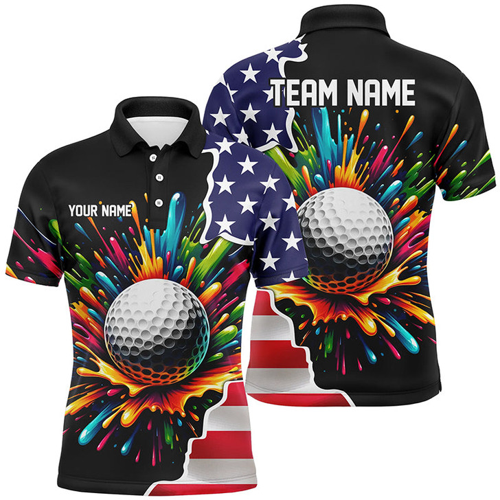 Custom American flag black Mens golf polo shirts custom colorful paint golf shirts, patriot golf tops for men