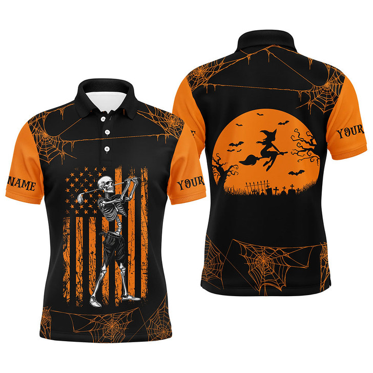 Custom Black and Orange American Flag Halloween golf skull custom Men golf polo shirts, Halloween golf polo