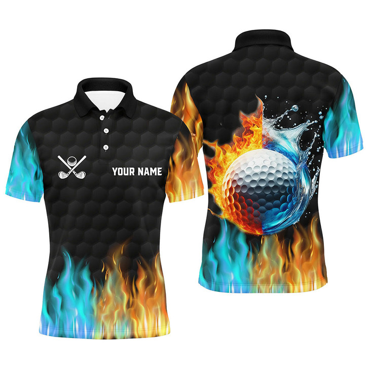 Custom Fire and water golf ball black Mens golf polo shirts custom golf apparel for men, golfing gifts