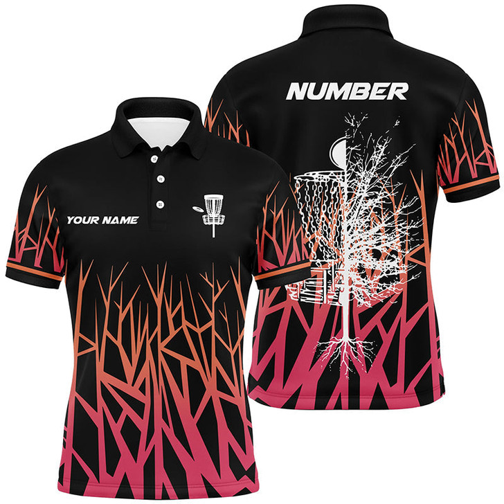 Personalized Disc Golf Basket Tree Pink Gradient Mens Polo Shirt Disc Golf Shirts For Men