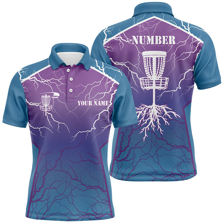 Custom Blue & purple Mens Disc golf polo shirt lightning thunder custom disc golf jerseys, frisbee golf shirt