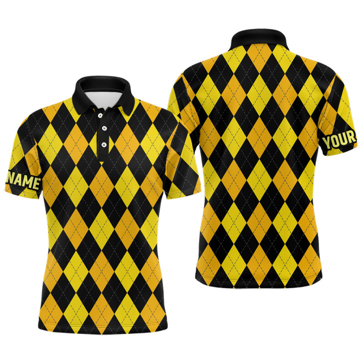 Custom Mens golf polo shirts custom yellow and black argyle plaid pattern golf attire for men