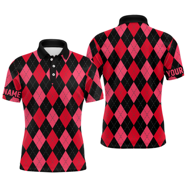 Custom Mens golf polo shirts custom red and black argyle plaid pattern golf attire for men