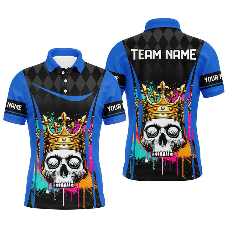 Custom Black argyle pattern colorful Skull Men golf polo shirts custom mens golf tops | Blue