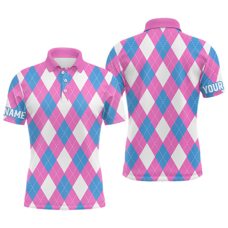 Custom Mens golf polo shirt custom pink, blue and white argyle plaid pattern golf attire for men