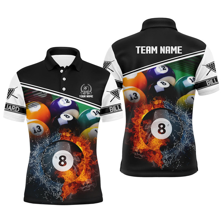 Custom Billiard 8 Ball In Fire And Water 3D Black Polo Shirts For Men, Gifts For Billiard Player