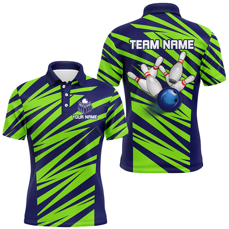 Custom Blue And Green Strike Bowling Polo, Quarter Zip Shirts For Men, Custom Name Bowling Team Jerseys