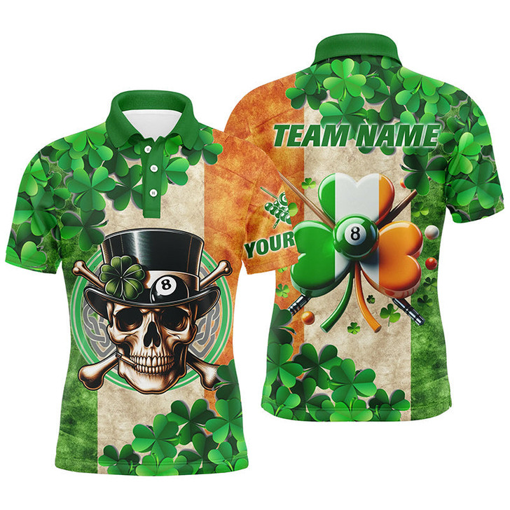 Custom Billiard St Patrick's Day Funny Skull Custom Shamrock Men Polo Shirt, Patrick Lucky Billiard Shirts