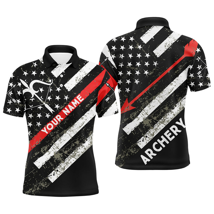 Personalized Grunge American Flag Bow Archery Polo Shirts For Men, Custom Arrow Archery Shirts