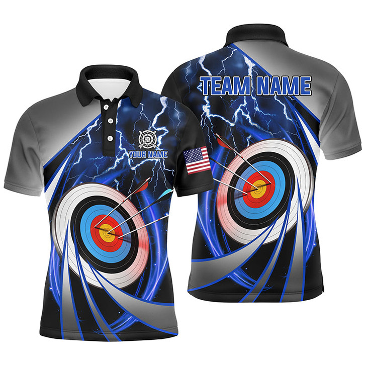Custom Blue Archery 3d Target Thunder Lightning Personalized Men Polo Shirts, Team League Archery Shirts