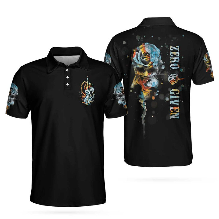 Zero Fck Given Skull Roses Short Sleeve Polo Shirt, Colorful Rose Middle Finger Polo Shirt, Best Golf Shirt - Perfect Gift For Men