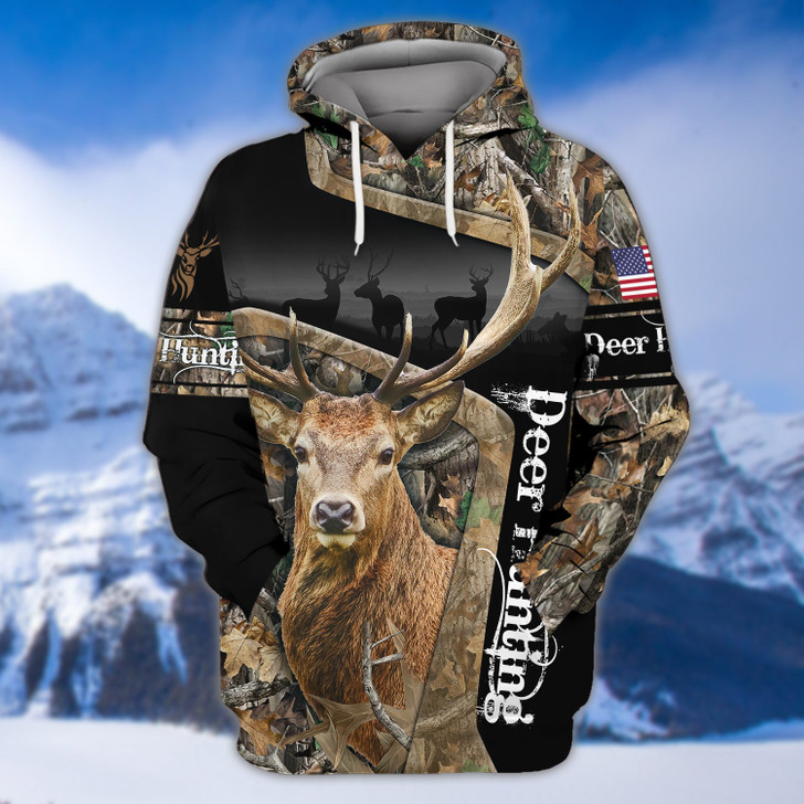 FUNSTUFFPRINT Deer Hunting America Flag 3D Hoodie and Zip Hoodie