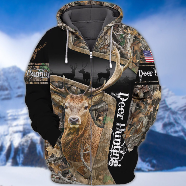 FUNSTUFFPRINT Deer Hunting America Flag 3D Hoodie and Zip Hoodie