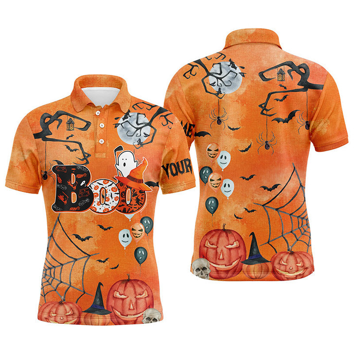 Custom Boo Halloween Seamless Orange Mens Golf Polo Shirt Custom Funny Golf Shirts For Men Golf Gifts