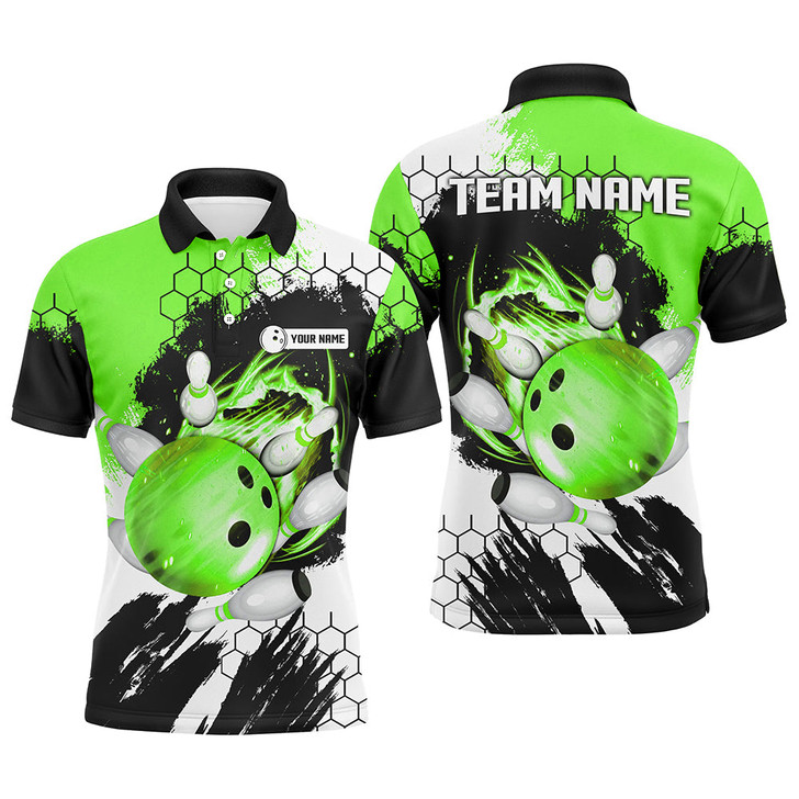 Custom Green Flame bowling ball and pins jerseys Custom Team League Bowling Polo Shirts For Men