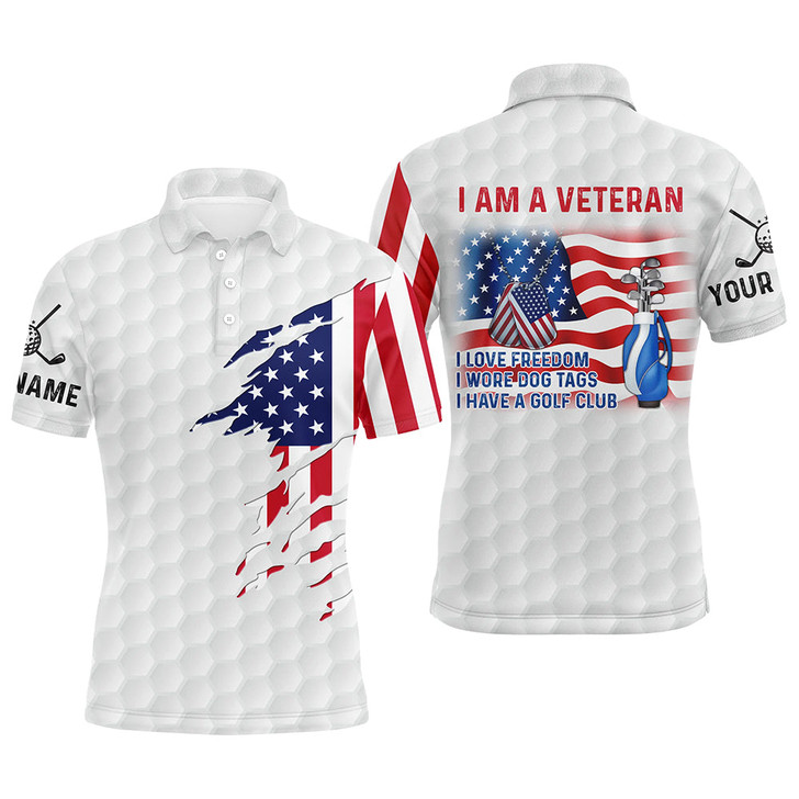 Custom I Am A Veteran American Flag Patriotic Mens Golf Polo Shirt White Golf Shirts For Men Golf Gifts