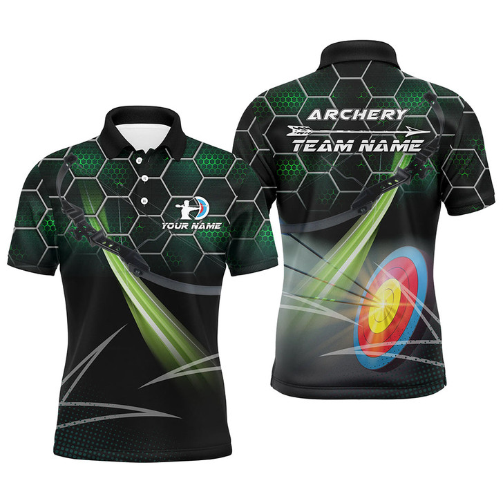 Personalized Green 3D Target Archery Polo Shirts For Men, Custom Name Arrow Archery Team Shirts