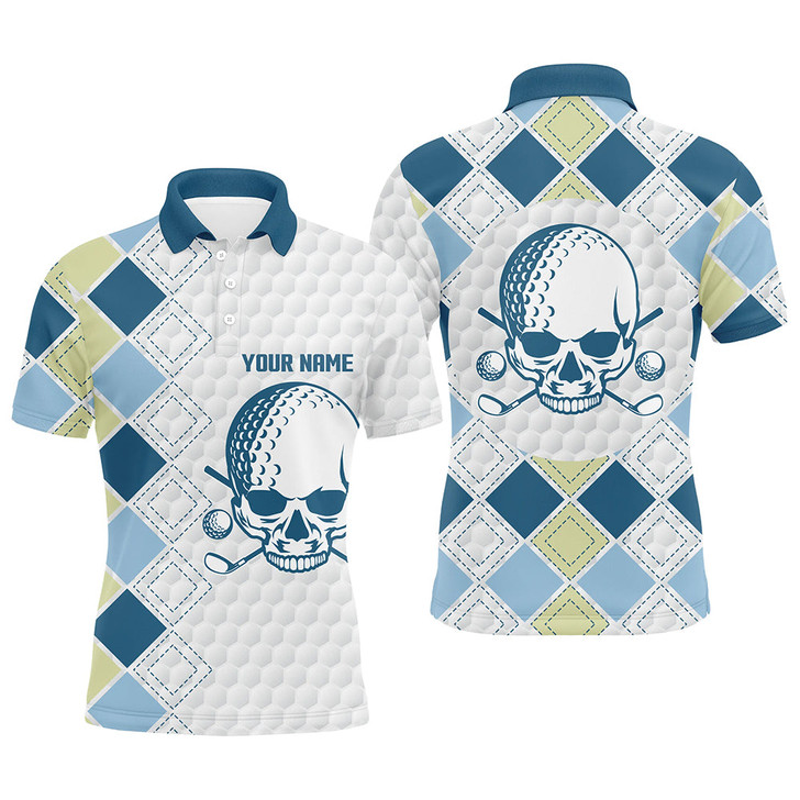 Custom White golf ball skull Mens golf polo shirts custom blue argyle pattern golf apparel for men