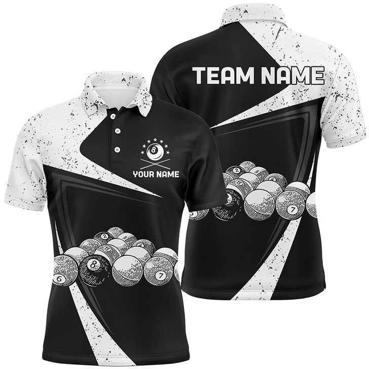 Personalized Black White Grunge Billiard Balls Polo Shirts For Men, Custom 8 Ball Pool Team Shirts
