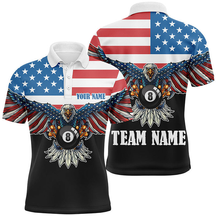 Custom American Flag Eagle Billiard Customized Polo Shirts For Men, Patriotic Gifts For Pool Player