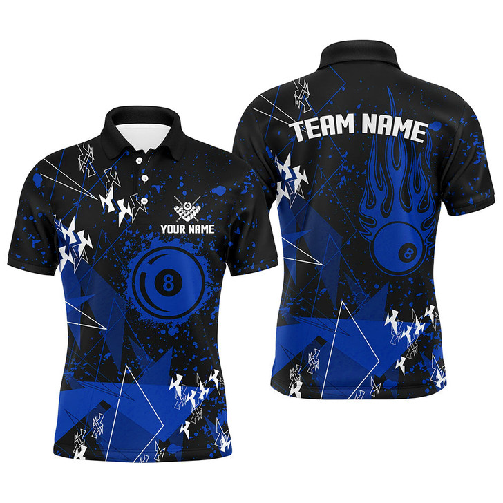 Personalized Blue Grunge Billiard Men Polo Shirts, Best Custom Billiard Jerseys For Pool Player
