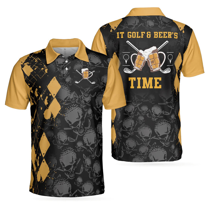 Skull Pattern Golf Drinking Men Polo Shirt, It Golf & Beer's Time Polo Shirt, Best Beer Golf Shirt For Male