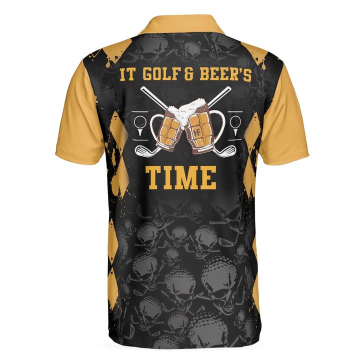 Skull Pattern Golf Drinking Men Polo Shirt, It Golf & Beer's Time Polo Shirt, Best Beer Golf Shirt For Male