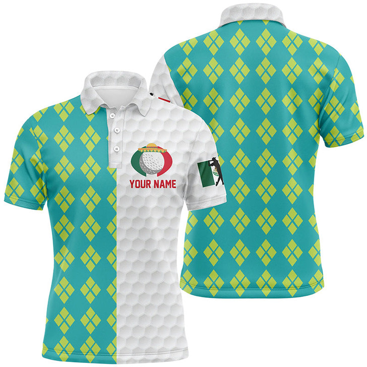 Custom Blue Yellow Argyle Pattern Mexican Flag Mens Golf Polo Shirts Patriotic Golf Shirts For Men