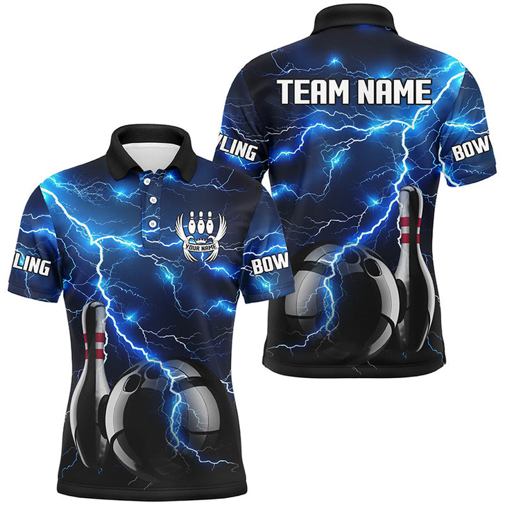 Custom Blue Lightning Thunder Black Bowling Polo, Quarter zip Shirt for men custom storm bowling team jerseys