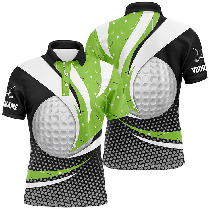Custom Black Green Golf Pattern Mens Golf Polo Shirts Custom Golf Balls Golf Outfit For Men, Golf Gifts