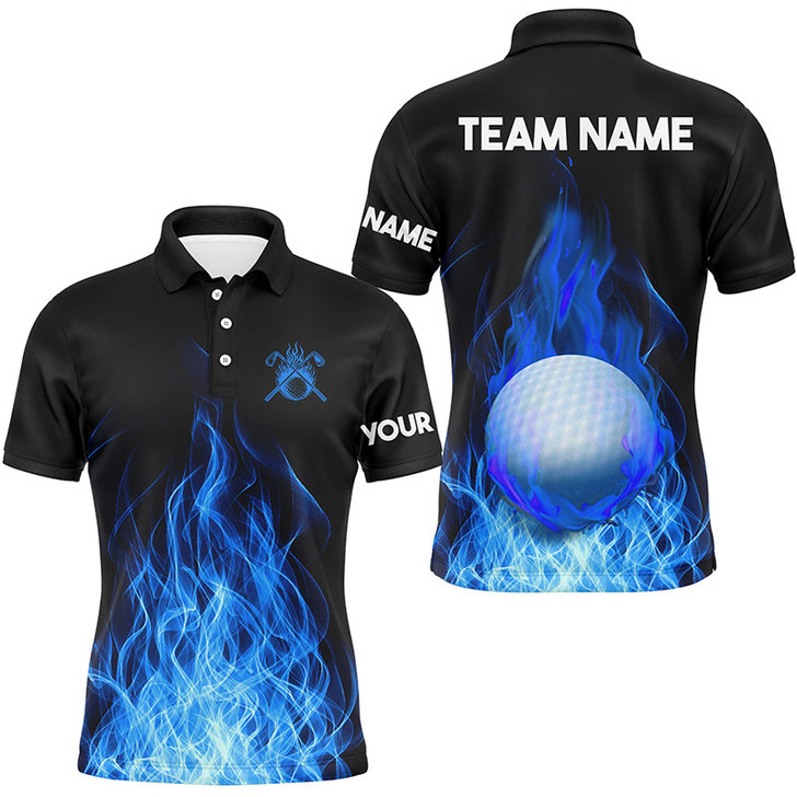 Custom Mens Golf Polo Shirts Custom Golf Ball Fire Flame Golf Outfit For Men, Best Golf Gifts |Blue