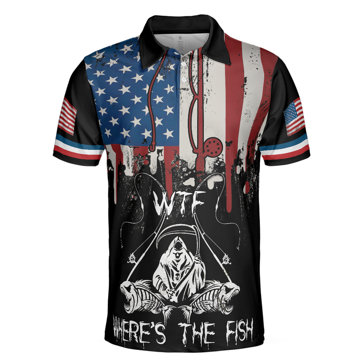Woman Want Me Fishes Fear Me White Version Polo Shirt, Fish Skeleton Reaper American Flag Polo Shirt, Best Fishing Shirt For Men