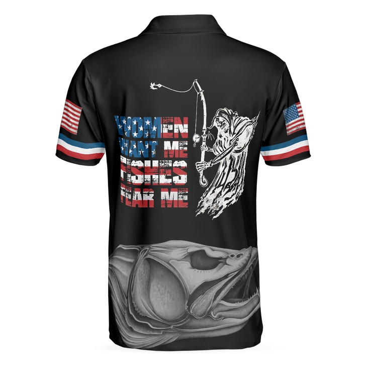 Woman Want Me Fishes Fear Me White Version Polo Shirt, Fish Skeleton Reaper American Flag Polo Shirt, Best Fishing Shirt For Men