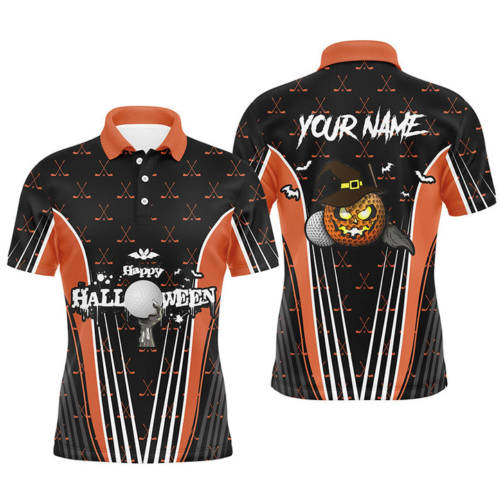 Custom Happy Halloween Mens Golf Polo Shirts Custom Orange Black Golf Shirts For Men, Crazy Golf Gifts