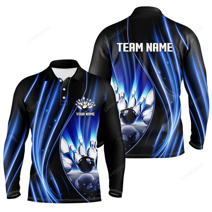 FUNSTUFFPRINT Blue and black light Men Bowling Polo Shirt, Custom bowling league jerseys, personalized bowling gift