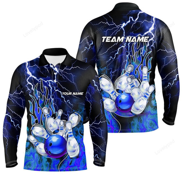 FUNSTUFFPRINT Personalized Men Bowling Polo Shirt, Flame Bowling Ball and Pins, bowling long sleeve for men bowlers-SLSPS-10065