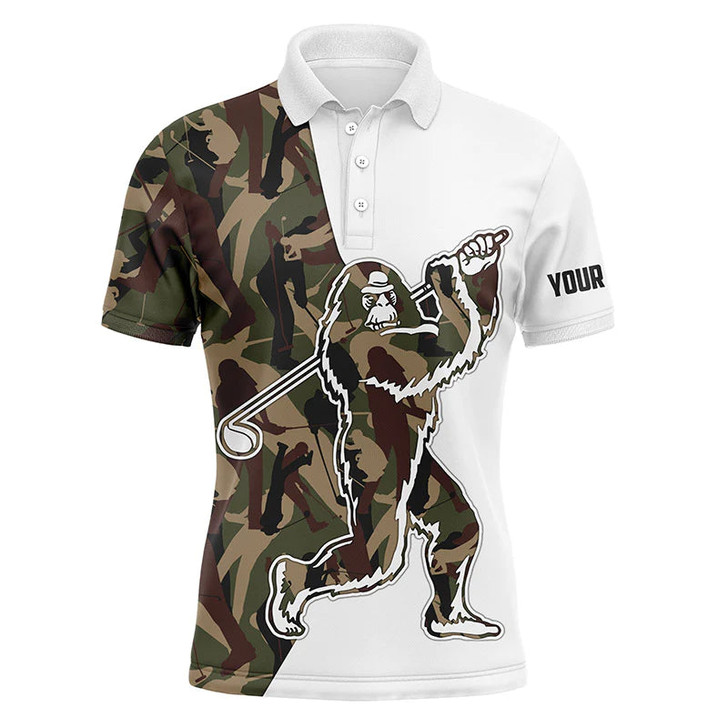 Custom Funny Bigfoot Golf Polo Shirts, Camo Pattern Custom Name Sasquatch Playing Golf Apparel - Personalized Gift For Men, Husband, Boyfriend, Lovers