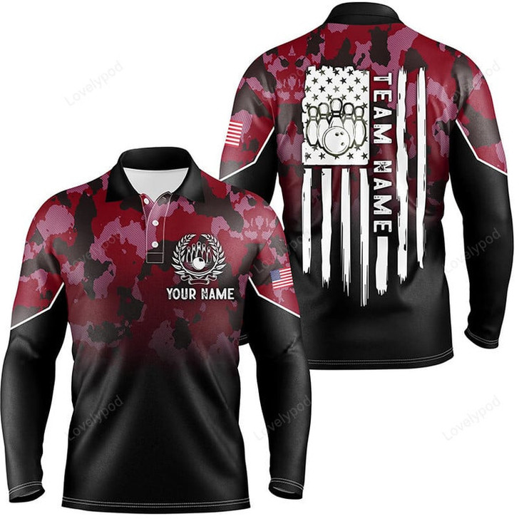 FUNSTUFFPRINT Black red camo Men long sleeve polo bowling shirts, Custom American flag patriotic bowling team league jerseys