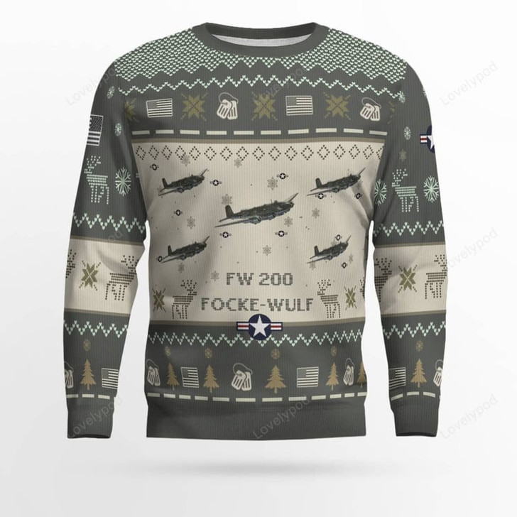 FUNSTUFFPRINT Focke-Wulf Fw 200_Aircraft Ugly Sweater, Ugly Sweater Christmas Shirt for Men Dad Veteran Ugly Sweater