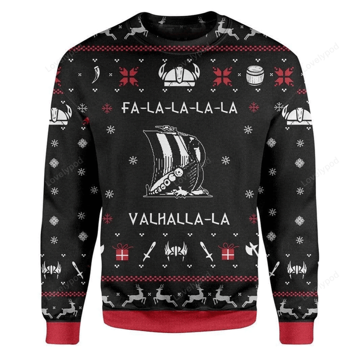 FUNSTUFFPRINT Valhalla Viking Ugly Christmas Sweater For Men & Women Adult Ugly Sweater