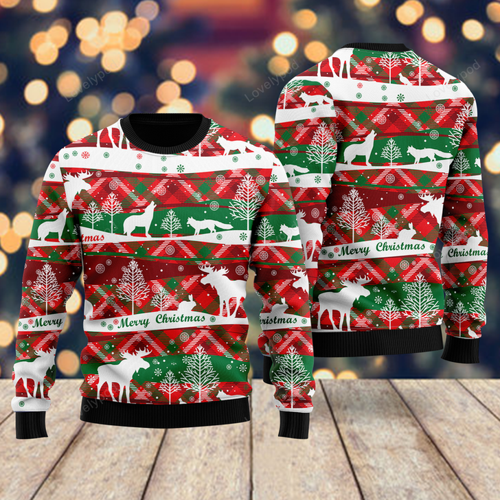 FUNSTUFFPRINT Howling Wolf In Snow Forest Pattern Ugly Christmas Sweater For Men & Women Ugly Sweater
